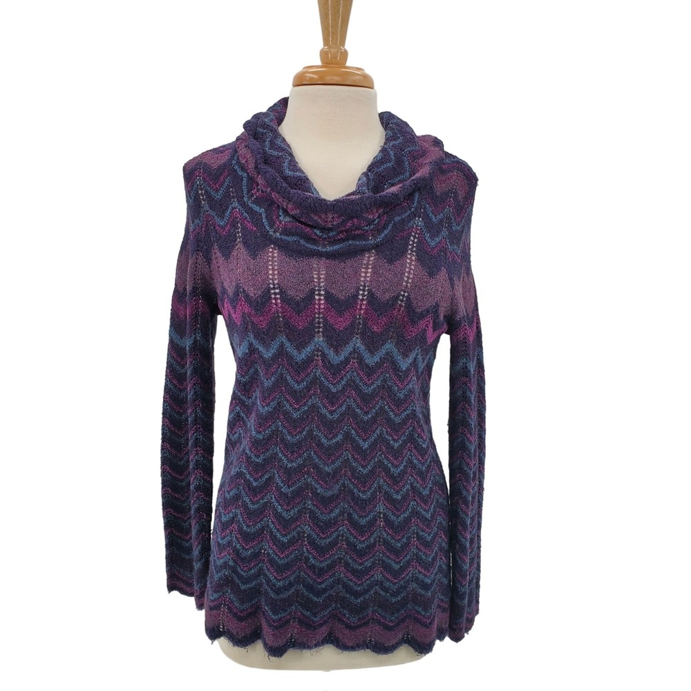 Chicos Womens M Purple Ombre Chevron Knit Sweater Cowl Neck Long Sleeve Cozy Top
